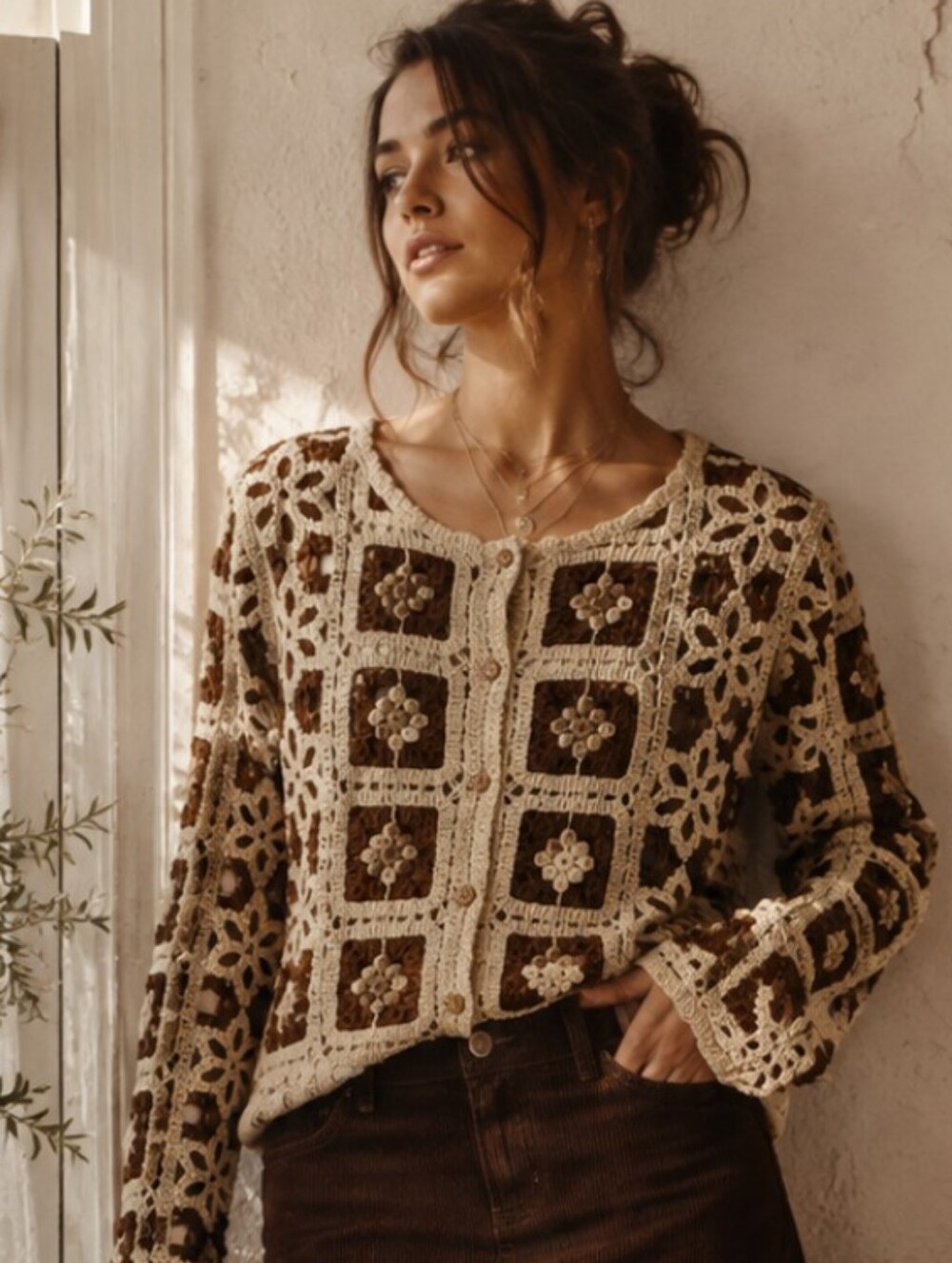 Ultra Pink Crochet Brown Granny Square Cardigan Sweater XL Button Front EUC